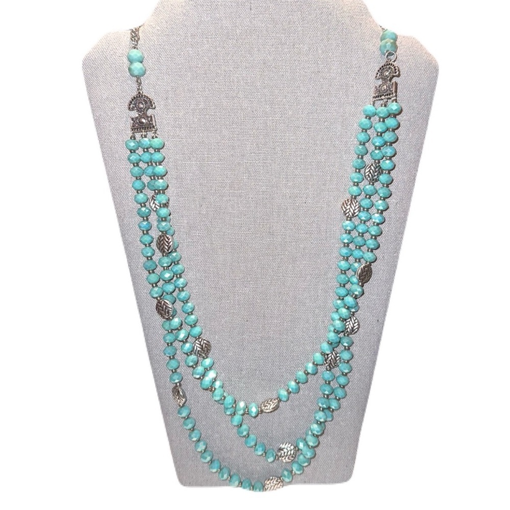 Long Multi Strand turquoise colored faceted crystal beads & silver necklace